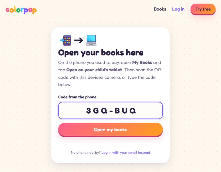 The tablet page where you type the code